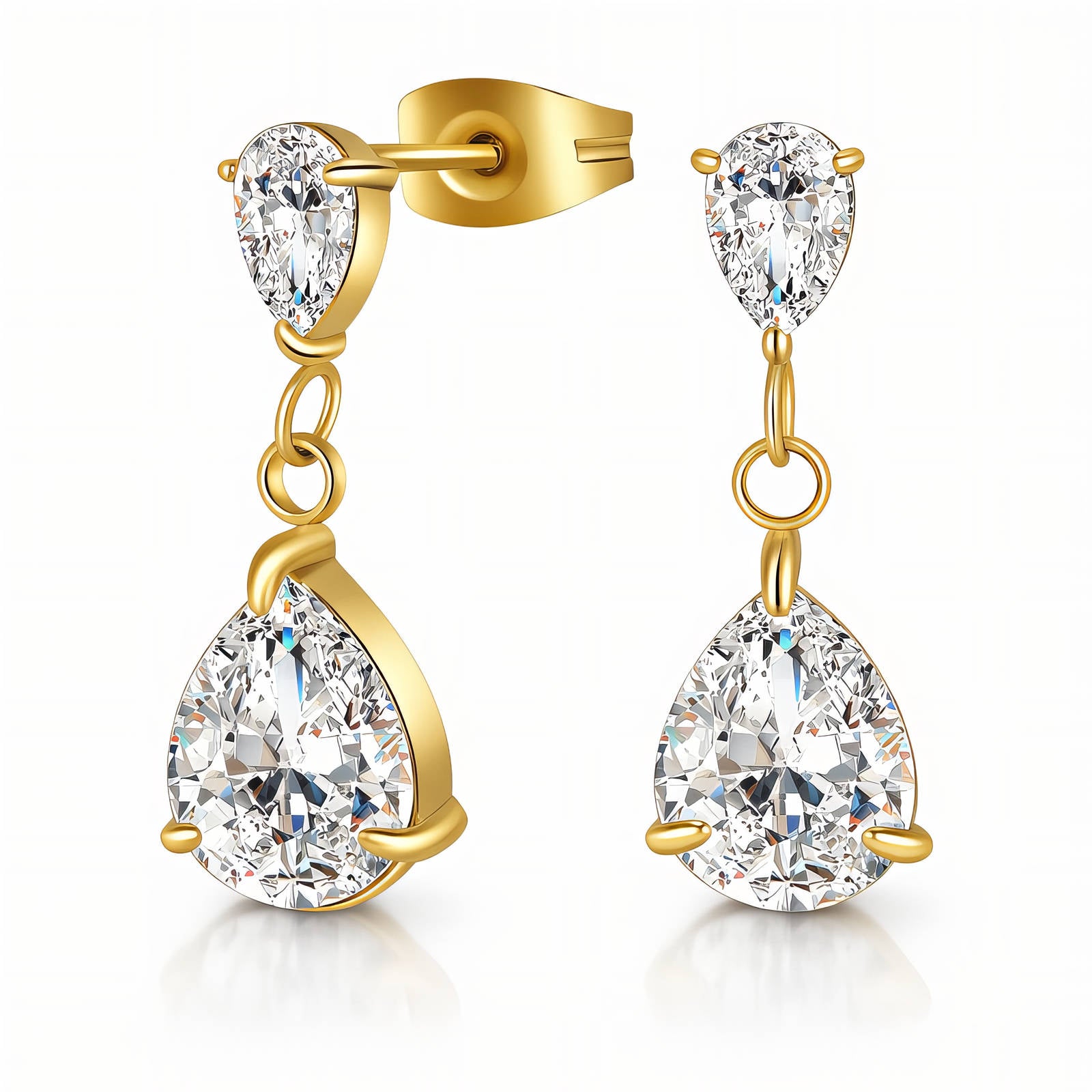 Verfijnde stud oorbellen met cubic zirkonia (2.2x0.7cm) in 18K verguld staal. Waterproof en hypoallergeen. DAUW JUWELEN.
