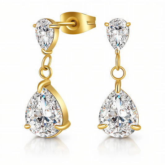 Verfijnde stud oorbellen met cubic zirkonia (2.2x0.7cm) in 18K verguld staal. Waterproof en hypoallergeen. DAUW JUWELEN.
