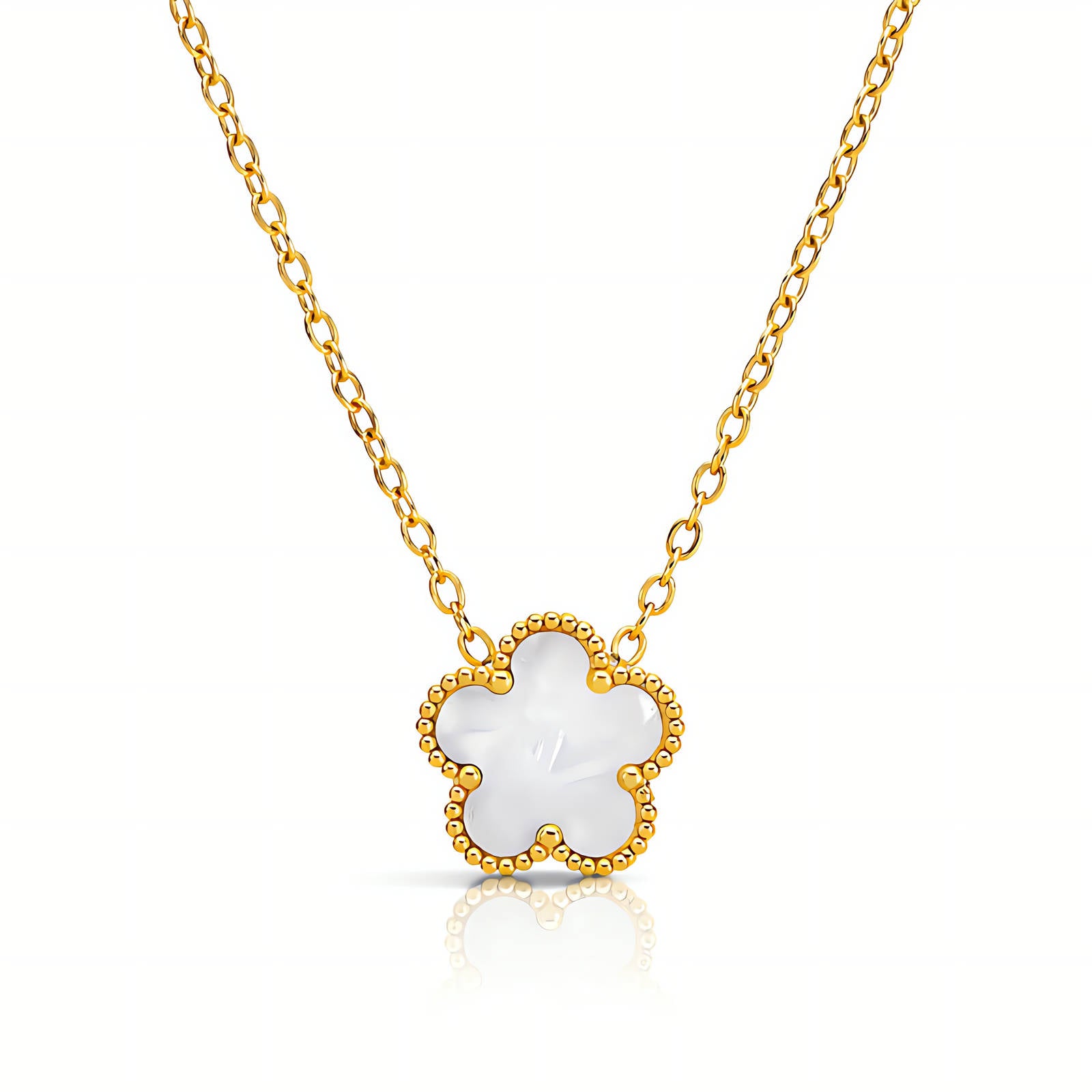 Fijne bloemen ketting met hanger (46+5cm) in 18K verguld roestvrij staal. Waterproof en hypoallergeen. DAUW JUWELEN.