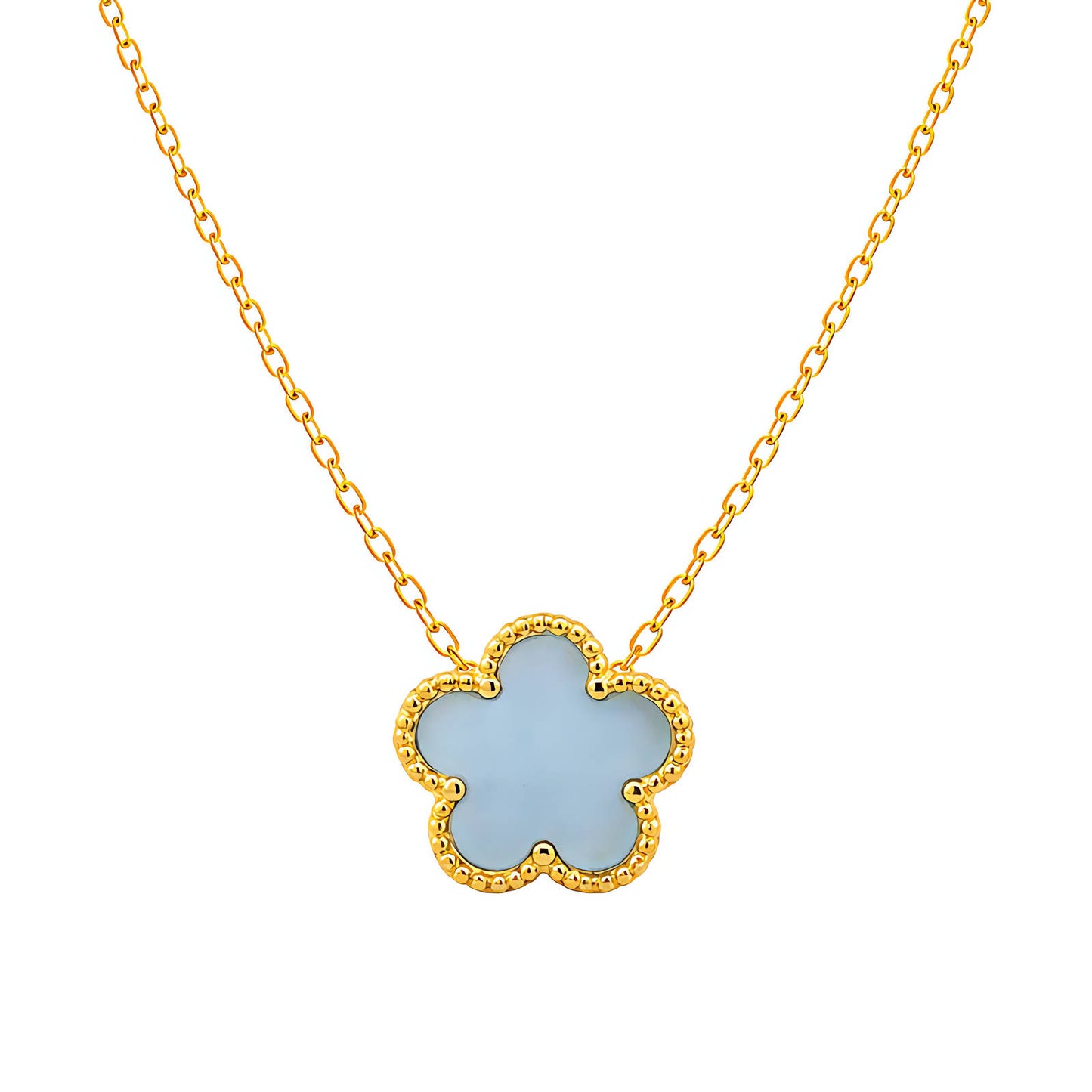Stijlvolle bloemen ketting (46+5cm) in 18K verguld roestvrij staal. Waterproof en hypoallergeen. DAUW JUWELEN.