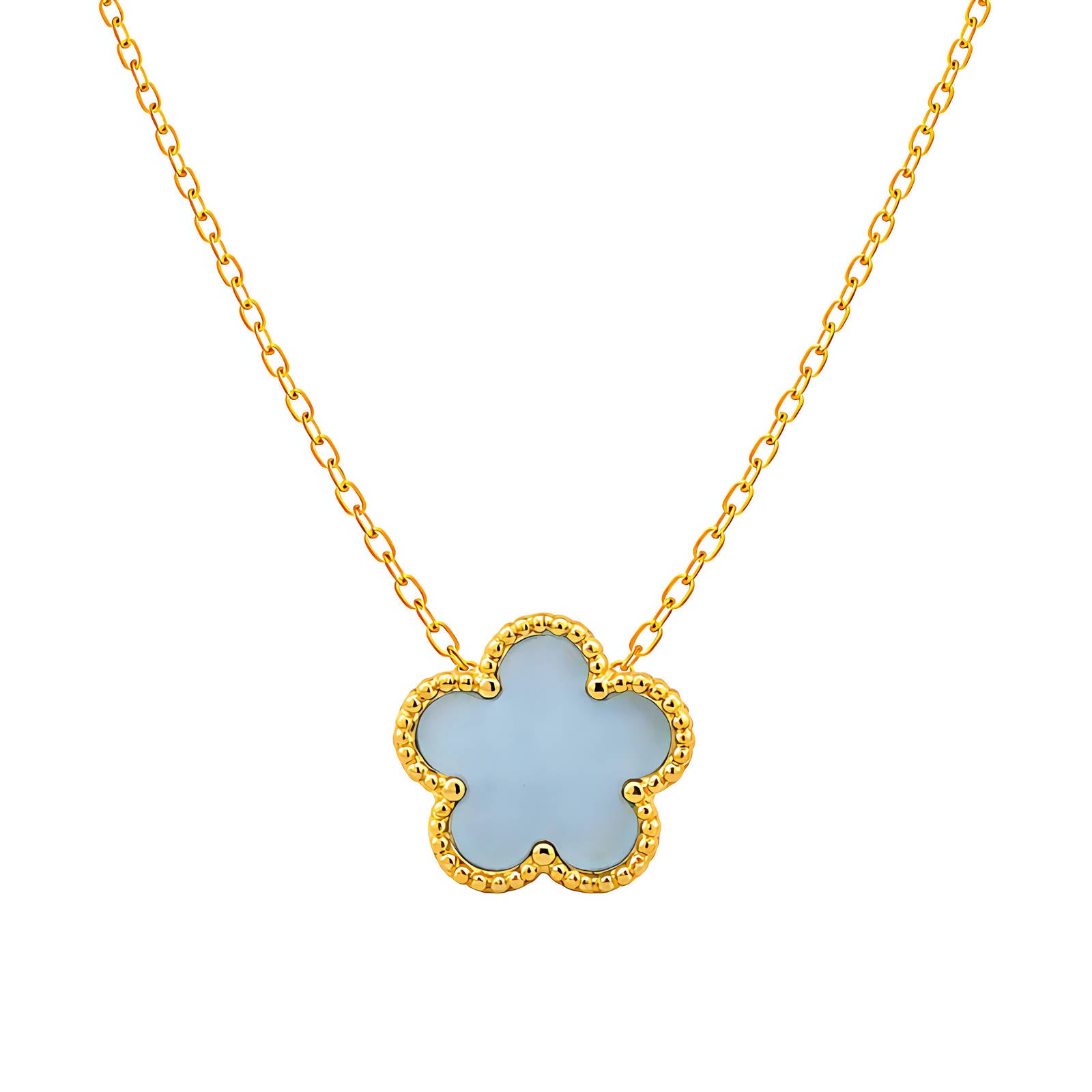 Stijlvolle bloemen ketting (46+5cm) in 18K verguld roestvrij staal. Waterproof en hypoallergeen. DAUW JUWELEN.