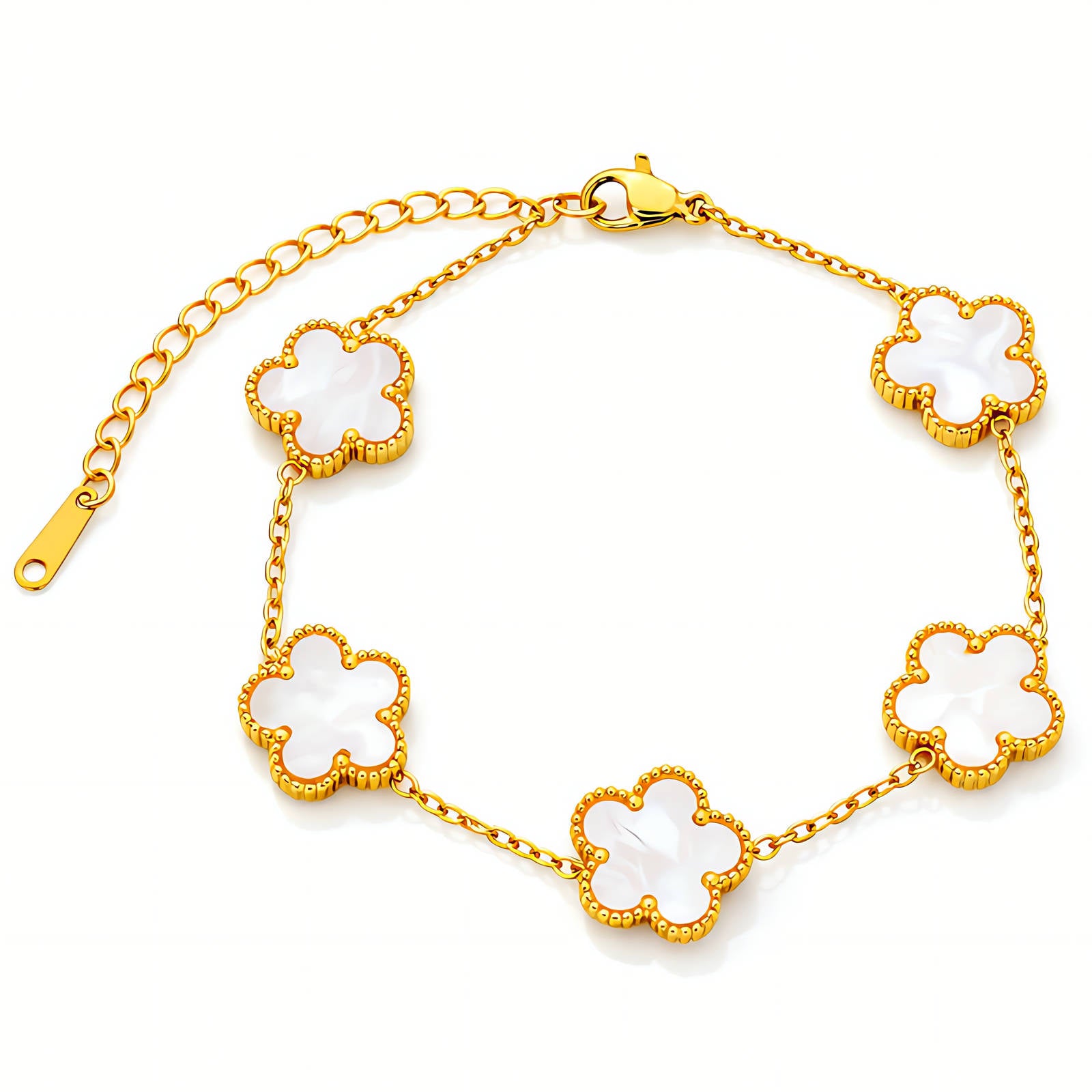 Elegante bloemen armband (17+5cm) in 18K verguld roestvrij staal. Waterproof en hypoallergeen. Ontdek DAUW JUWELEN.