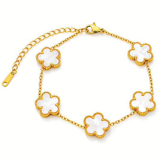 Elegante bloemen armband (17+5cm) in 18K verguld roestvrij staal. Waterproof en hypoallergeen. Ontdek DAUW JUWELEN.